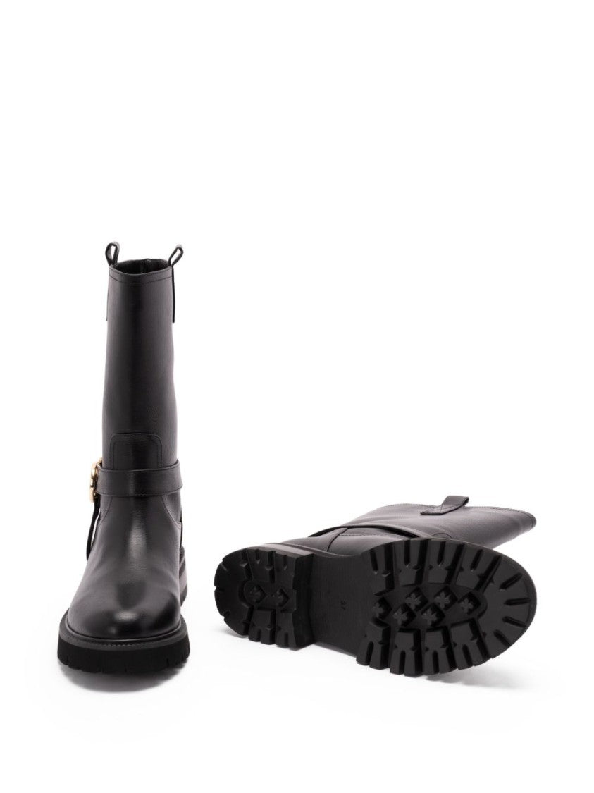 Twin-Set Mid-Calf Black Leather Boots With Buckle Fastening