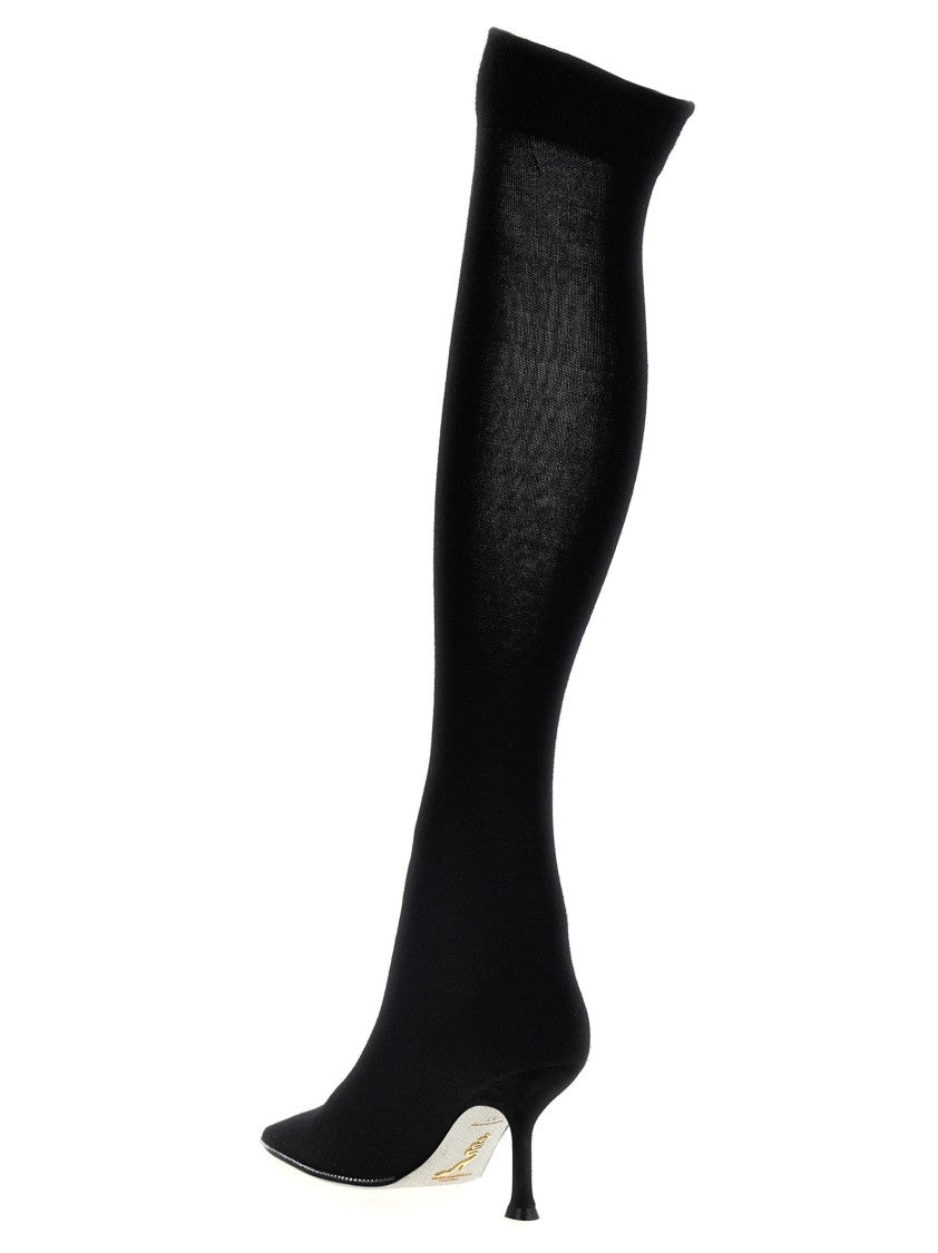René Caovilla High-Leg Knitted Boots With Rhinestone Detailing