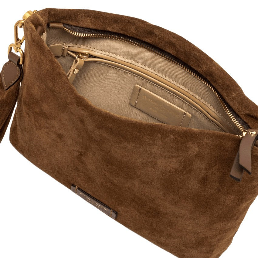 Gianni Chiarini Cognac Suede Handbag With Woven Shoulder Strap