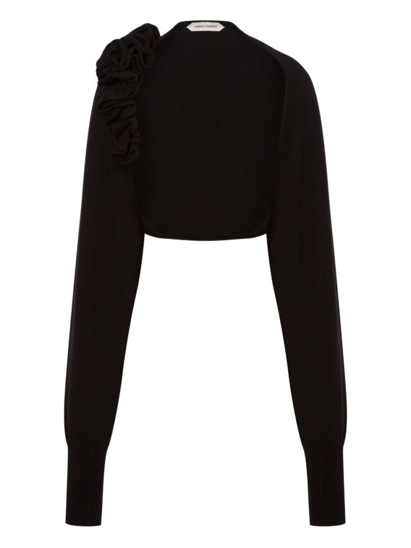 Alberta Ferretti Ruffled Floral Black Bolero With Ribbed Edges