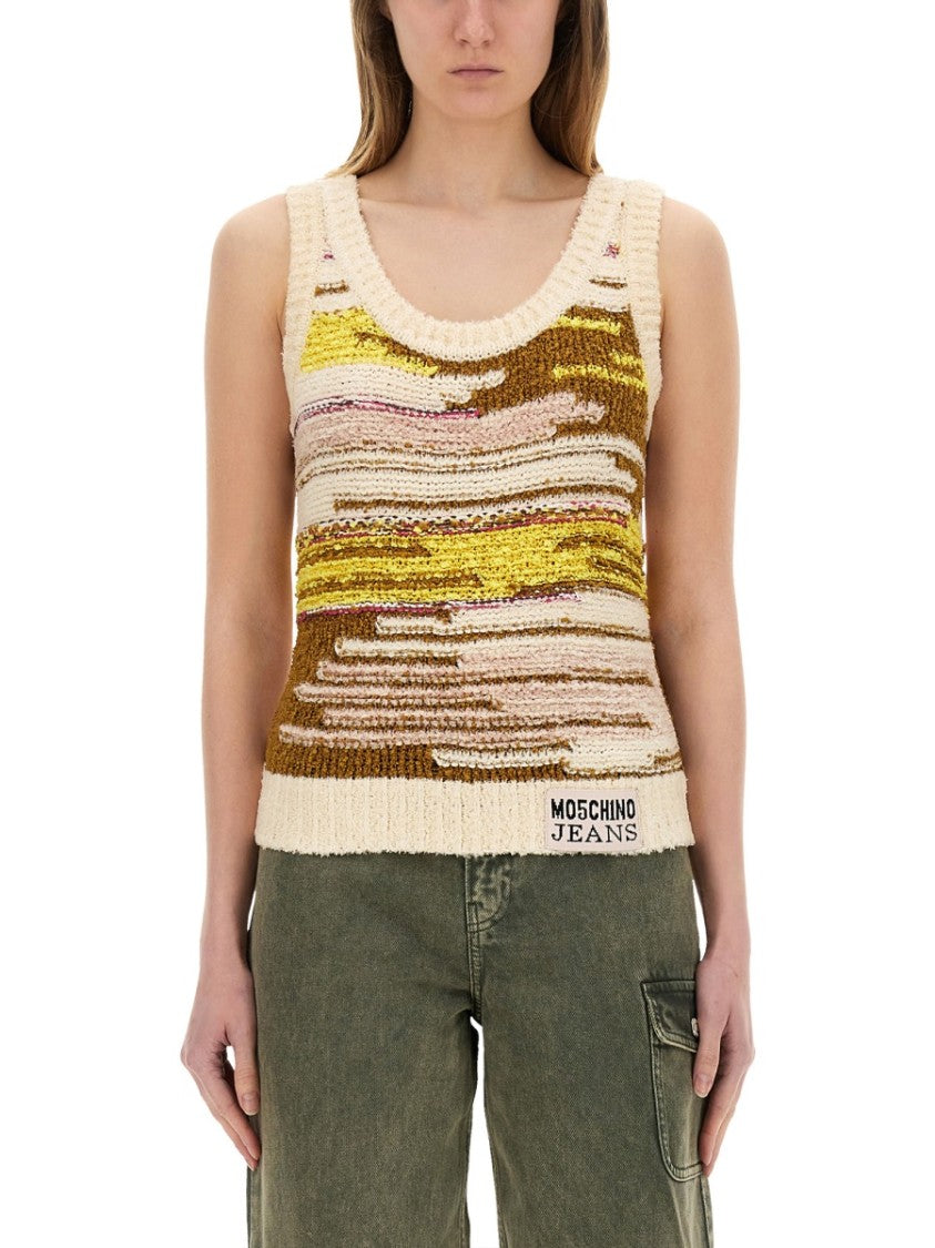 Moschino Textured Multicolor Knit Top With Artistic Stripes