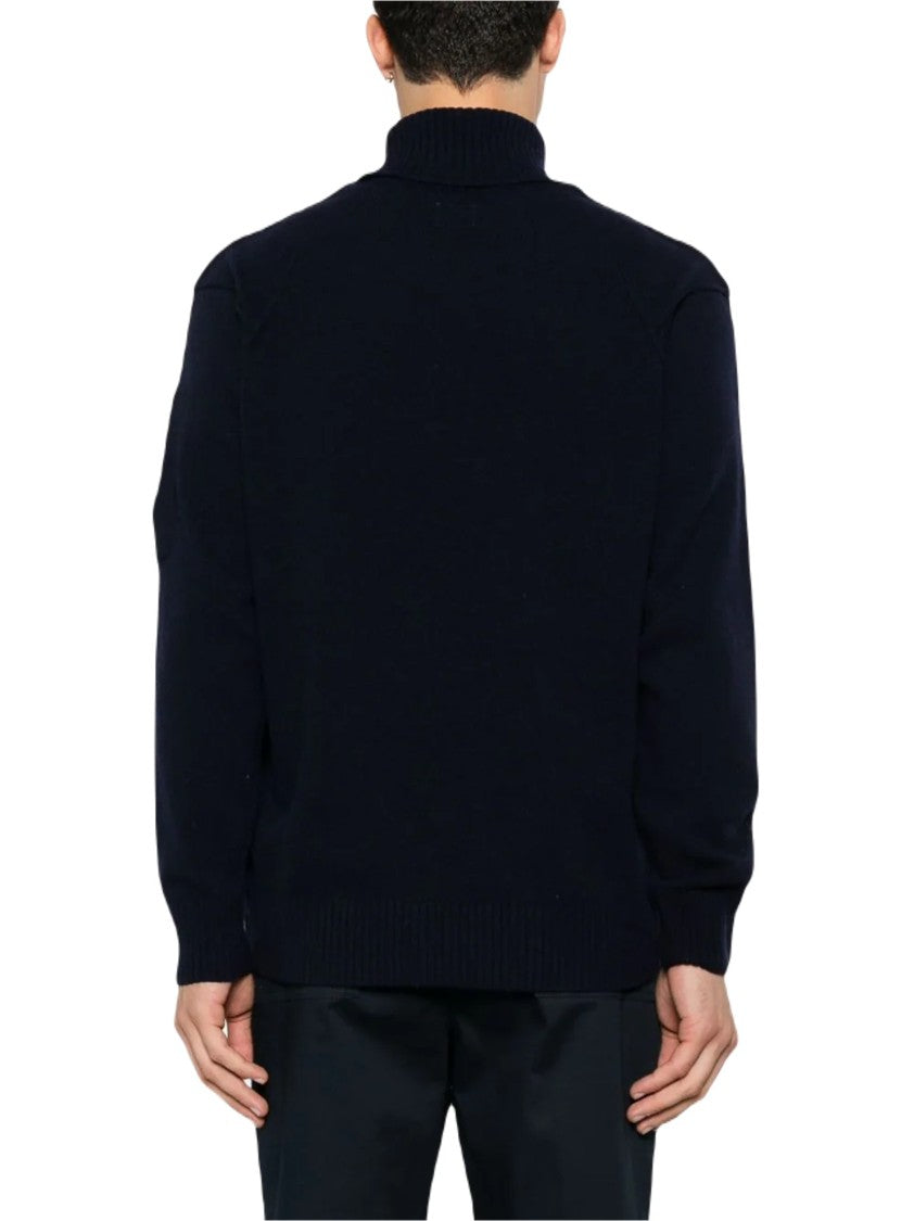 C.P. Company Blue Lambswool Turtleneck With Zip Pocket And Signature Motif