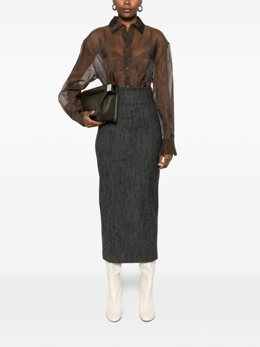 Alberta Ferretti Textured Black Wool Blend Midi Skirt