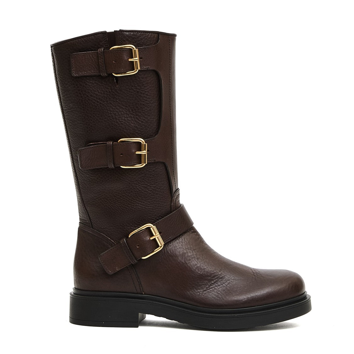 Agl Mid-Calf Leather Boots With Three Adjustable Buckles And Sturdy Sole