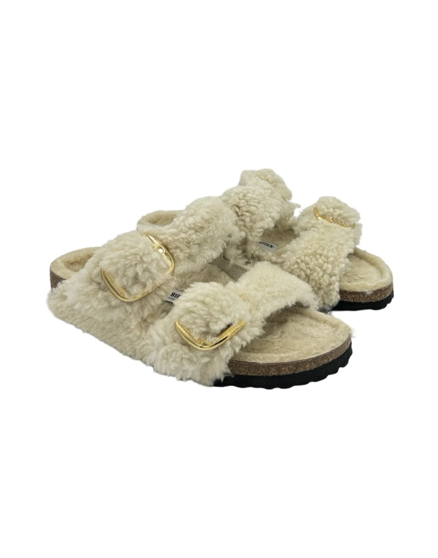 Birkenstock Shearling Teddy Sandals With Adjustable Gold Buckles