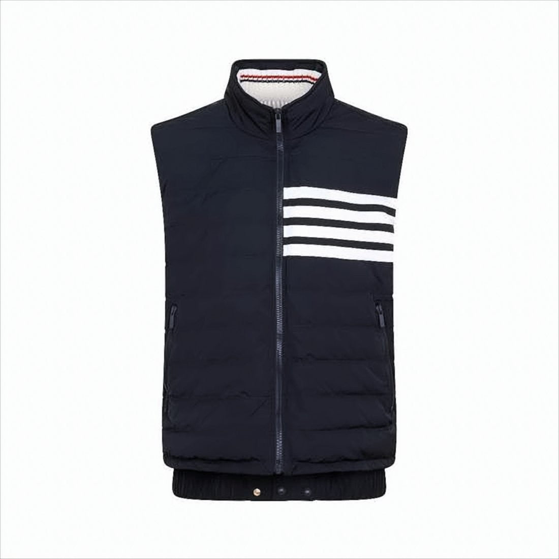 Thom Browne Quilted Padded Vest With High Collar And Striped Detail