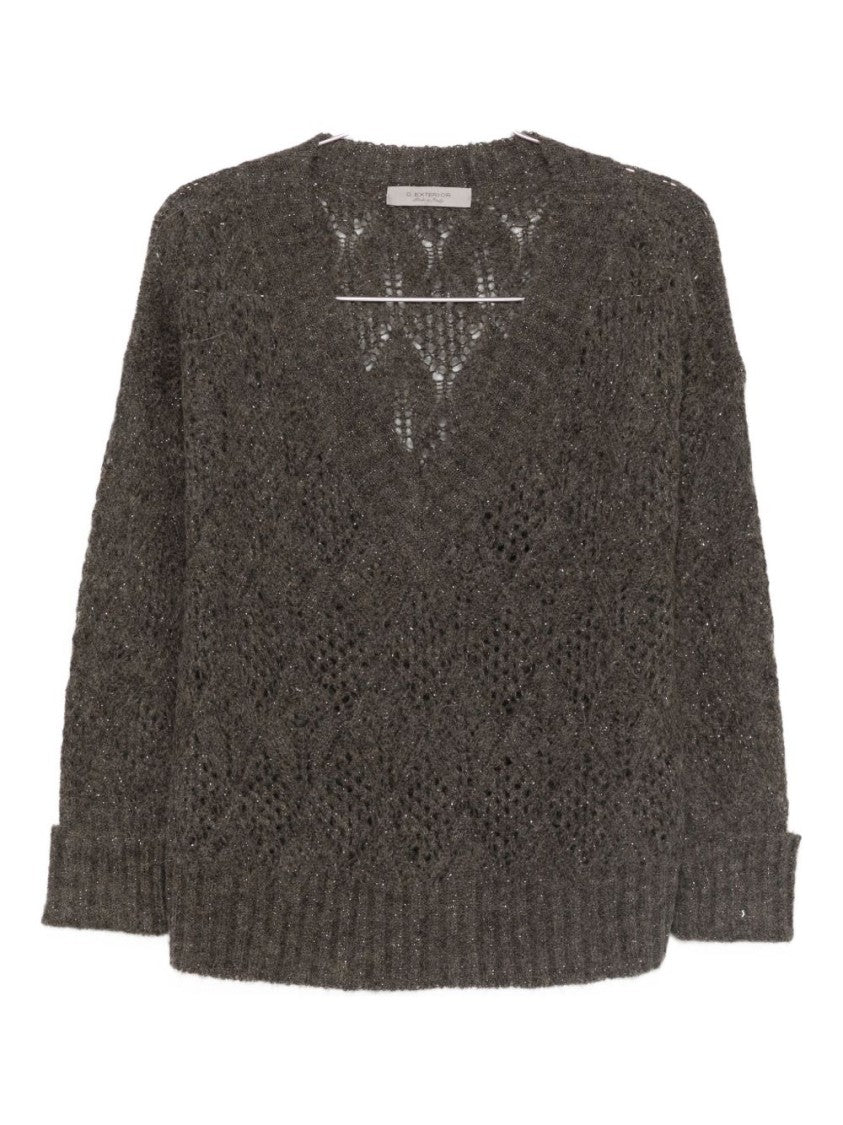 Dexterior Textured Openwork Brown Sweater With Relaxed Fit