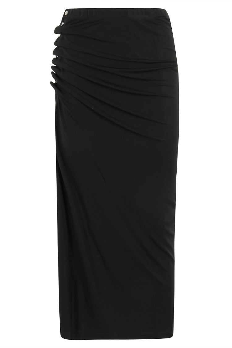 Rabanne Draped Black Midi Skirt With Side Buttons And Slit
