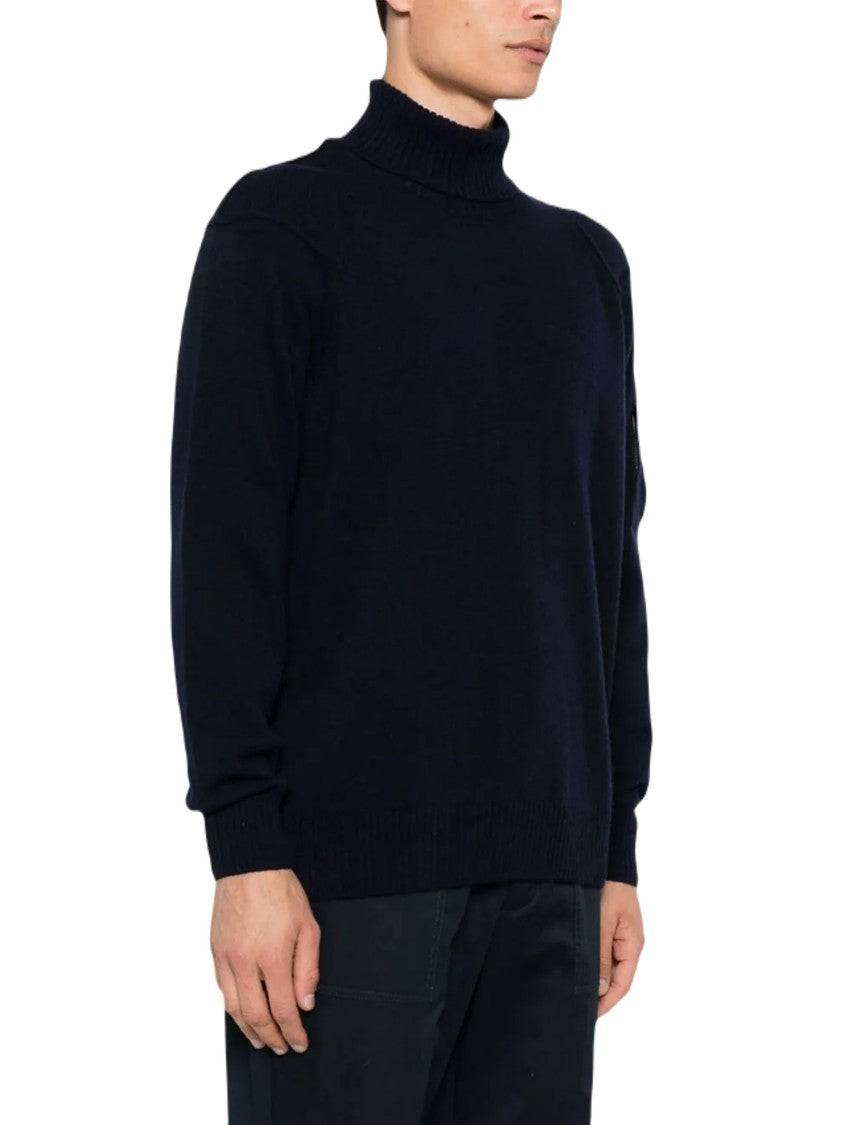 C.P. Company Blue Lambswool Turtleneck With Zip Pocket And Signature Motif