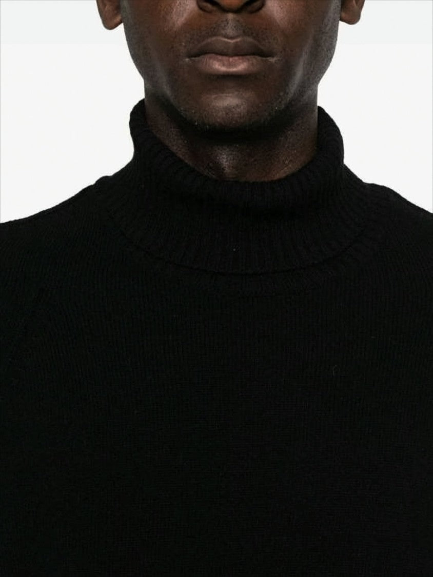 C.P. Company Ribbed High-Neck Black Sweater With Logo Patch