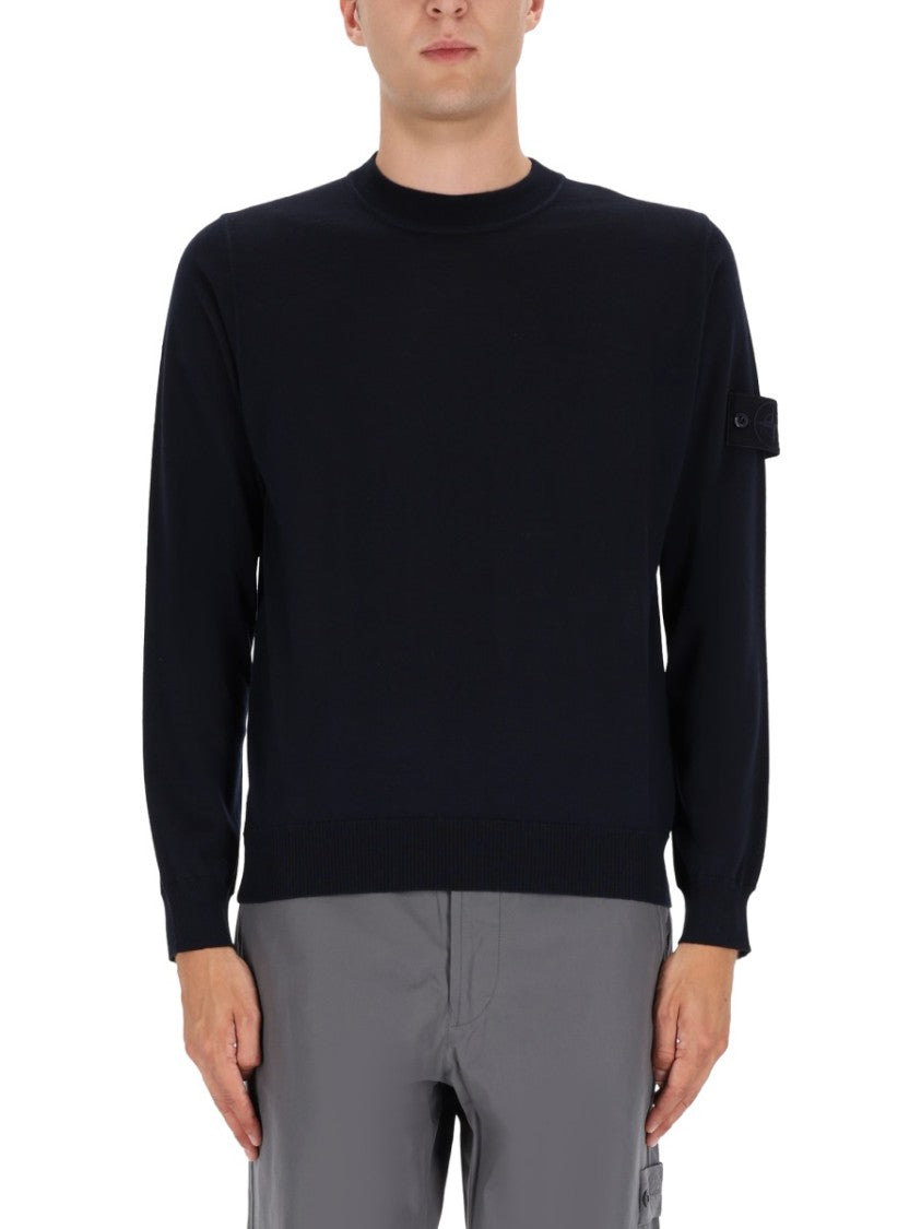 Stone Island Crew Neck Blue Sweatshirt In Virgin Wool