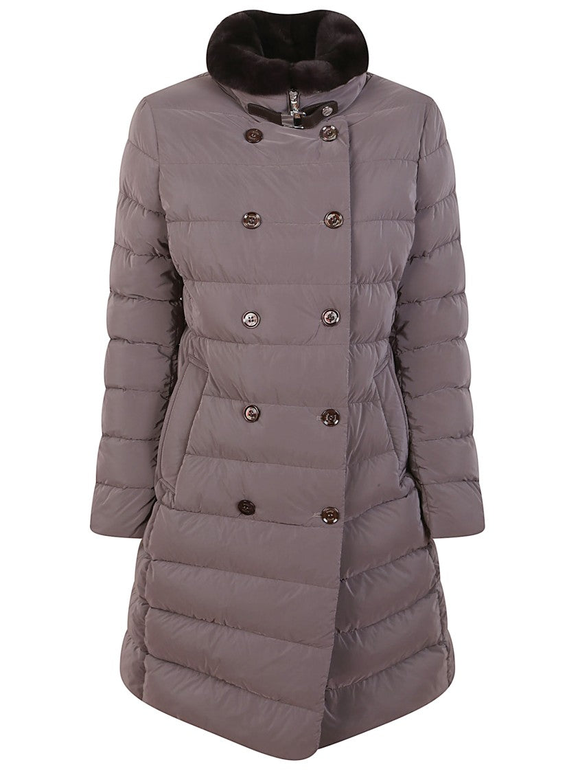 Moorer Cocoa Nylon Down Jacket With Removable Fur Collar