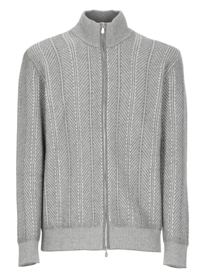Brunello Cucinelli Grey Cashmere Cardigan With High Neck