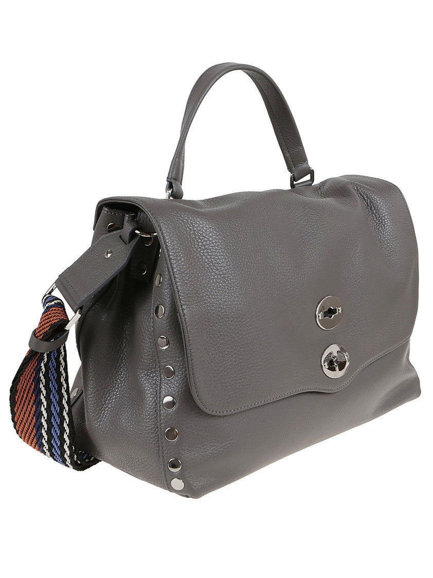 Zanellato Medium Grey Leather Shoulder Bag With Studded Accents