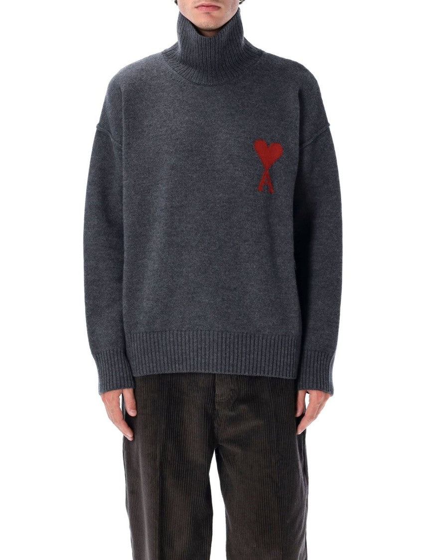 Ami Ribbed High-Neck Wool Sweater With Heart Emblem