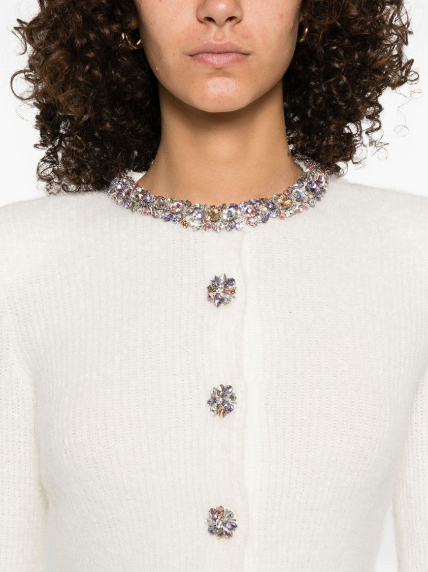 Self-Portrait Cropped Beige Sweater With Jeweled Embellishments