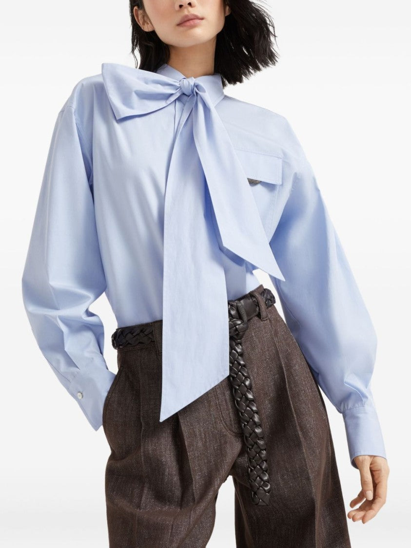 Brunello Cucinelli Light Blue Shirt With Oversized Bow Tie And Relaxed Fit