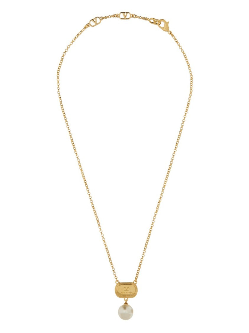 Valentino Garavani Metal "Ovalette" Necklace With Enamel, Crystal And Swarovski Pearl