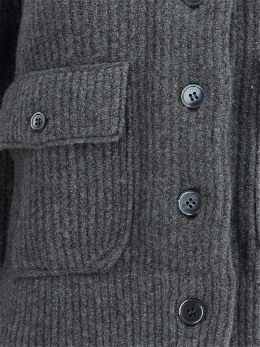 Thom Browne Cropped Ribbed Knit Cardigan With Classic Collar And Striped Detail
