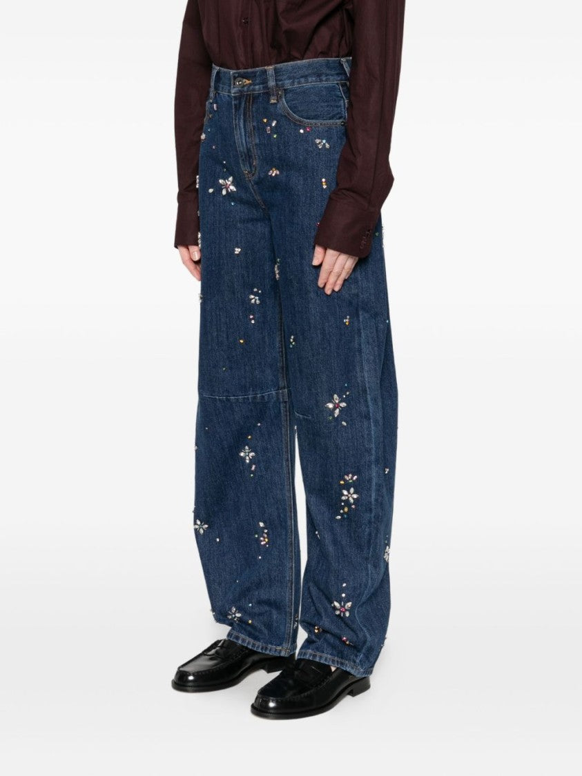Self-Portrait Relaxed Wide-Leg Jeans With Floral Embellishments