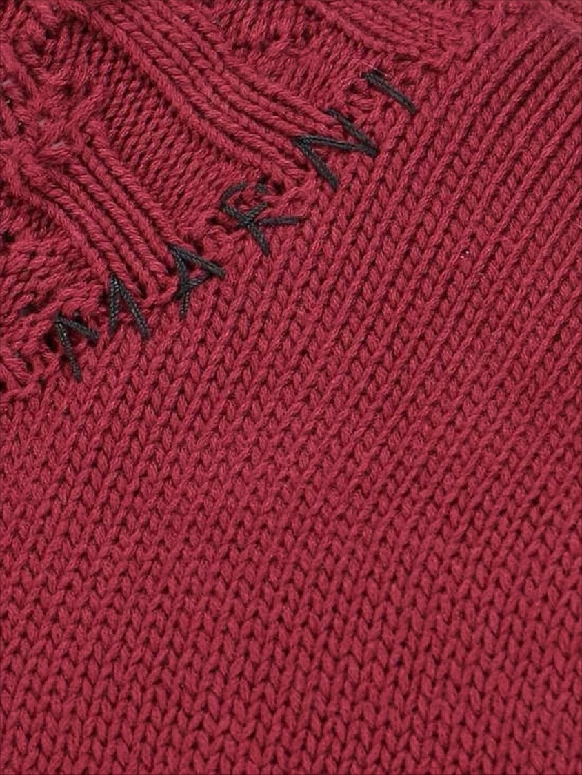 Marni Deep Burgundy Knit Sweater With Distressed Hem And Cuffs