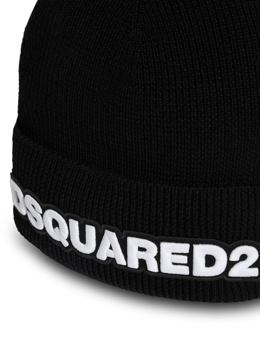 Dsquared2 Black Knitted Beanie With Raised Logo Patch