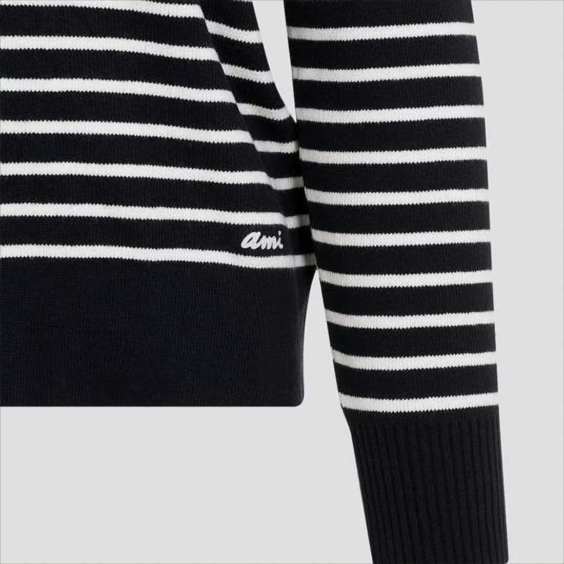 Ami Horizontal Stripe Knit Sweater With Shoulder Button Detail