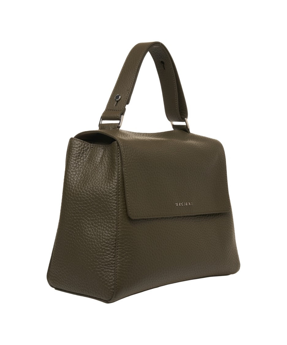 Orciani Hammered Leather Structured Handbag With Magnetic Flap Closure