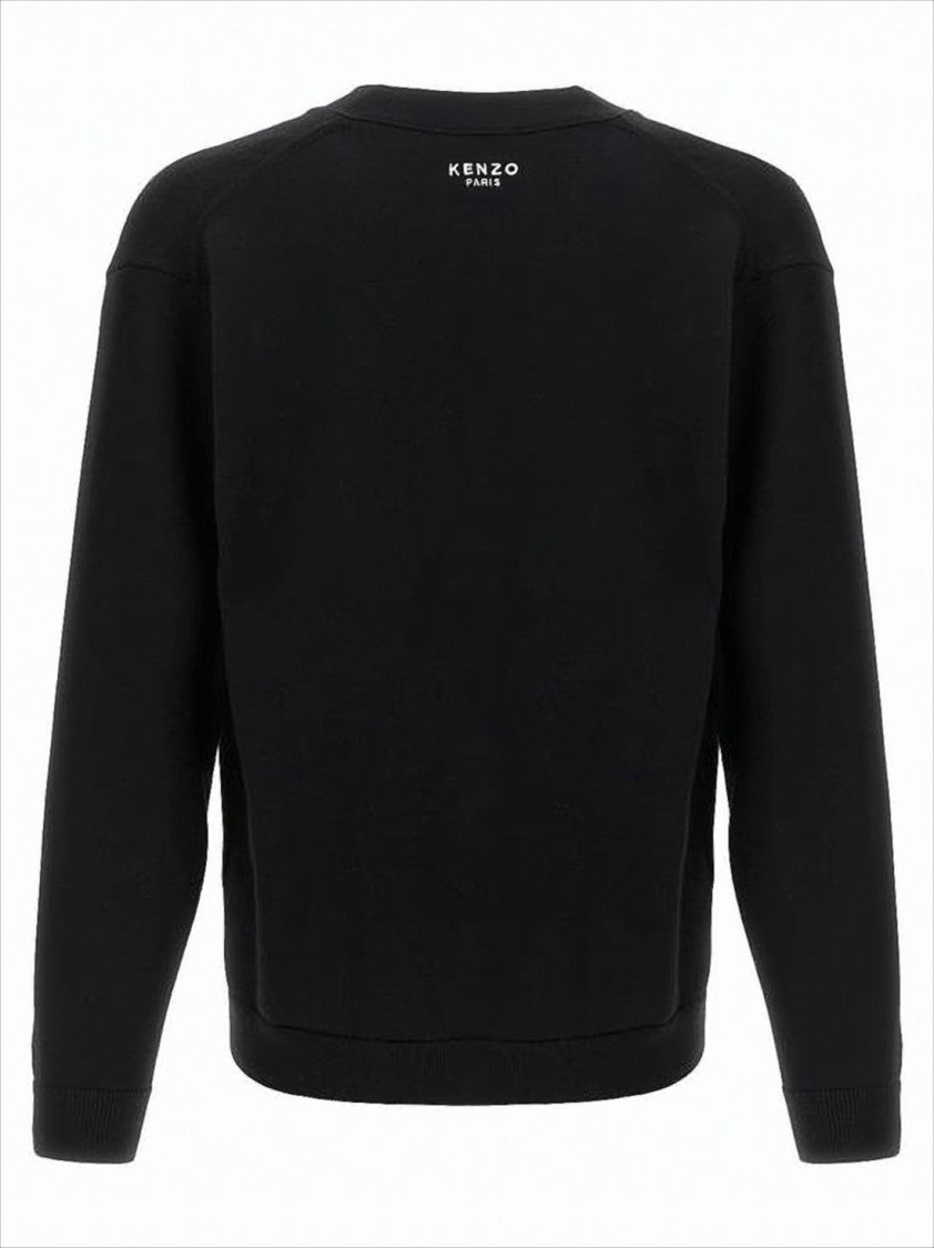 Kenzo Black Wool Cardigan With V-Neckline And Floral Patch
