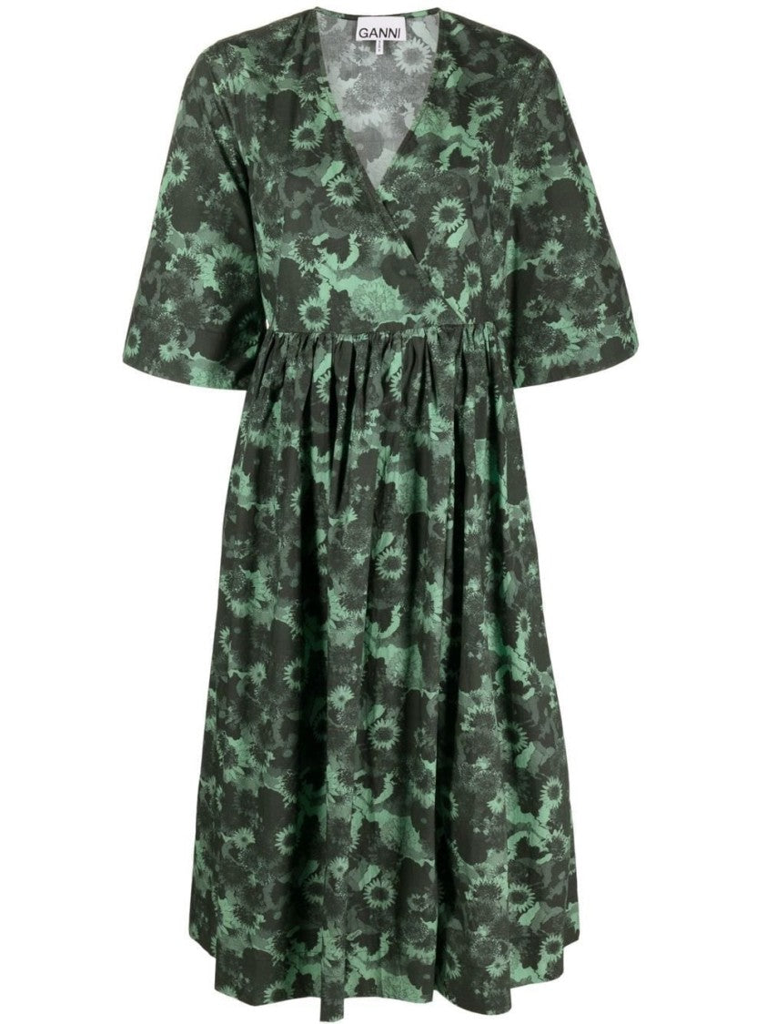 Ganni Printed Cotton Midi Wrap Dress