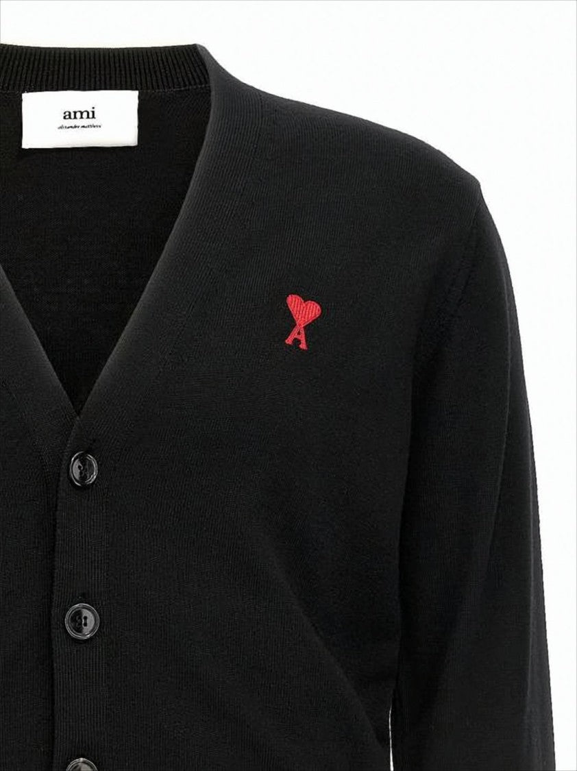 Ami V-Neck Black Wool Cardigan With Embroidered Accent