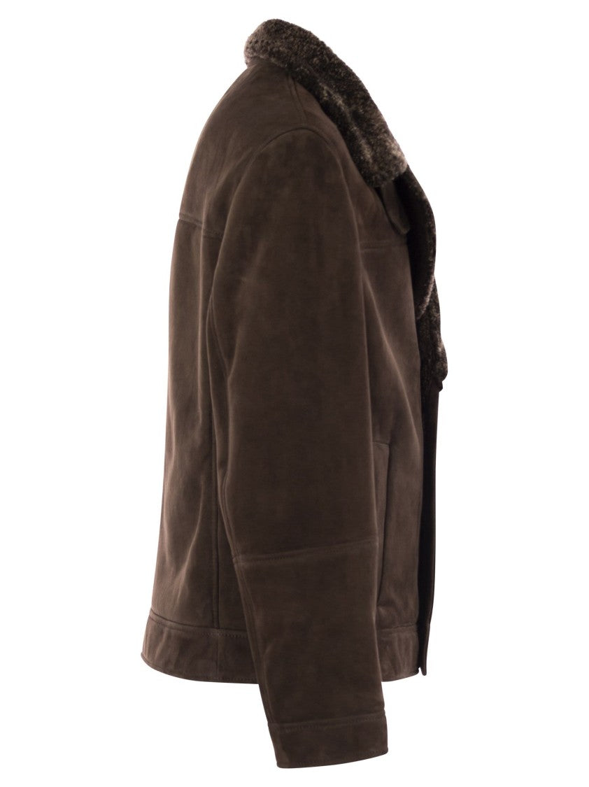 Brunello Cucinelli Double-Breasted Shearling Outerwear With Horn Button Closure