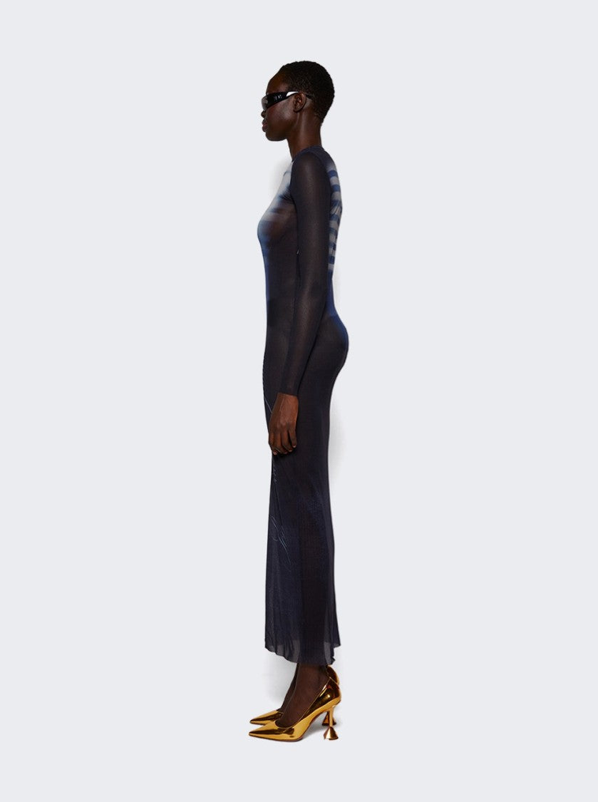 Jean Paul Gaultier Le Male Printed Mesh Crew Neck Long Dress Navy