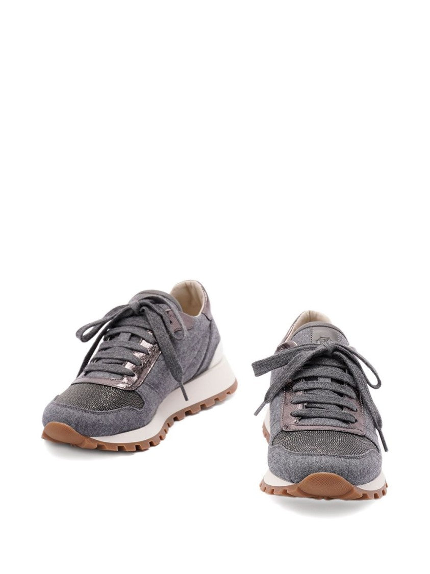 Brunello Cucinelli Gray Wool Sneaker With Monili Detail