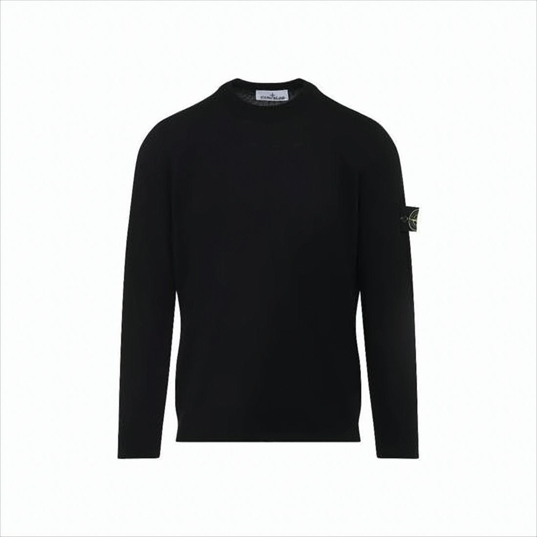Stone Island Classic Black Wool Crew Neck Sweater With Iconic Patch