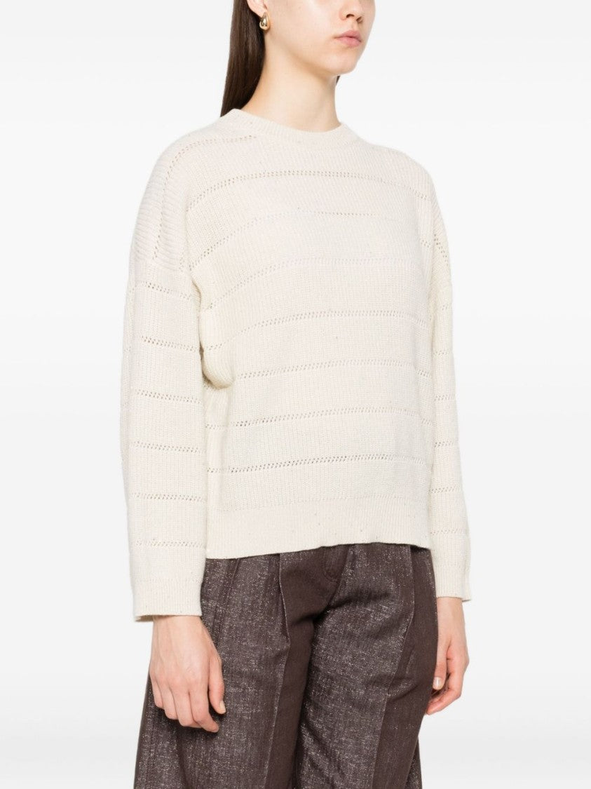 Brunello Cucinelli Relaxed Fit Cropped Sweater With Open-Knit Stripe Pattern