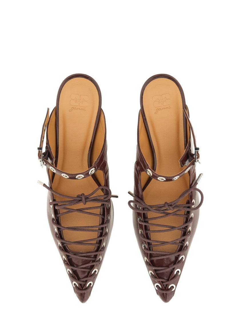 Ganni Burgundy Lace-Up Mules