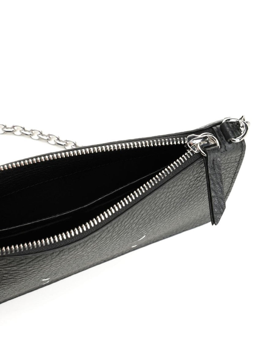 Maison Margiela Textured Black Wallet With Silver Chain And Unique Stitching