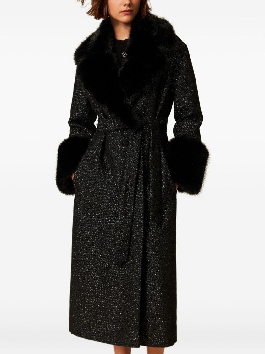 Twin-Set Textured Black Coat With Fur Trim