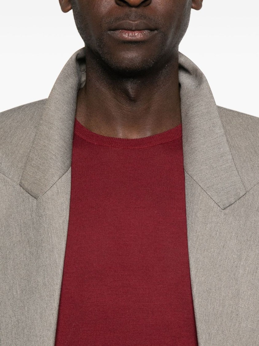 John Smedley Burgundy Merino Wool Crewneck Jumper With Ribbed Detailing