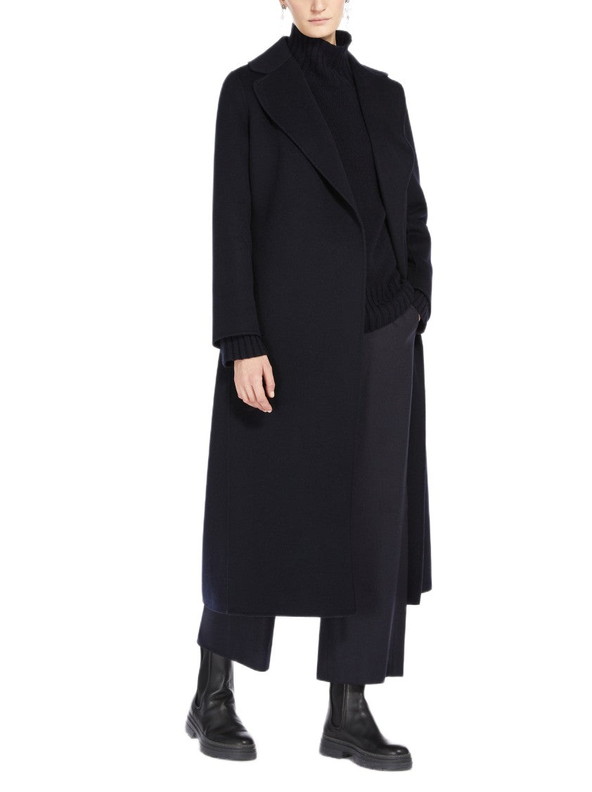 Max Mara Long Black Wrap Coat With Notch Lapel