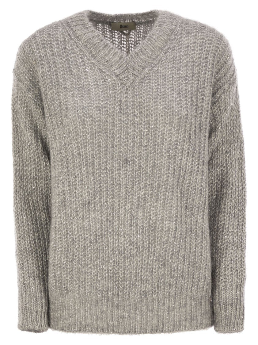 Herno Openwork V-Neck Sweater With Alpaca-Blend Composition
