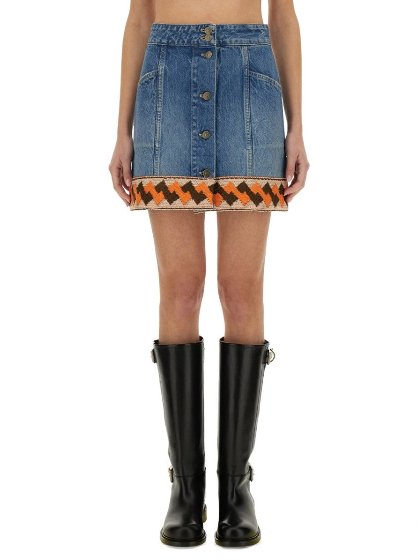 Valentino Denim Skirt With Jacquard Trim