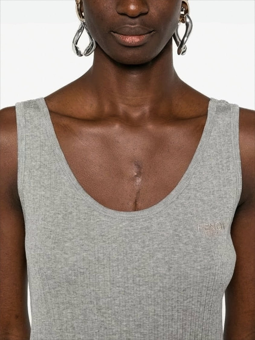 Fendi Ribbed Knit Sleeveless Top With Subtle Embroidery