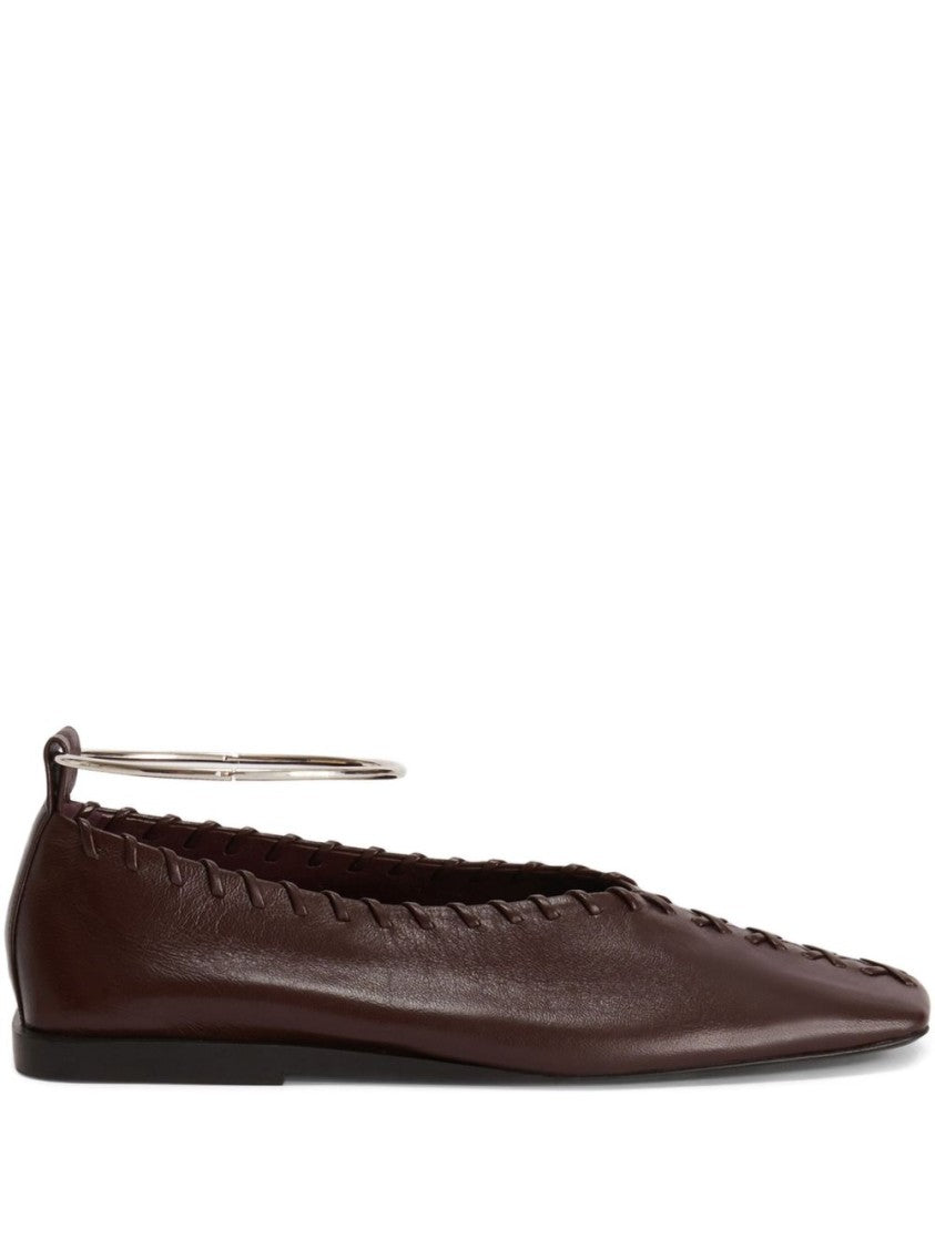 Jil Sander Mahogany Leather Ring Ballerina With Stitched Detail