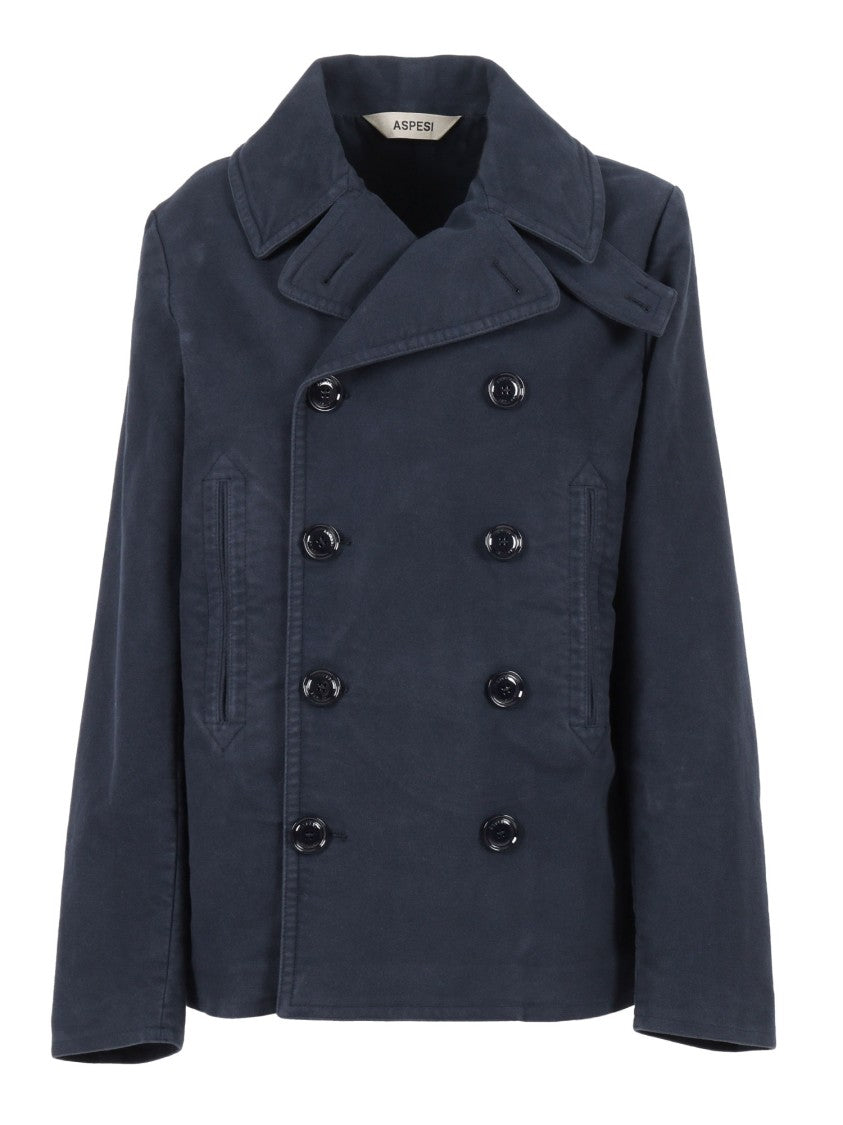 Aspesi Double-Breasted Blue Jacket With Wide Lapel