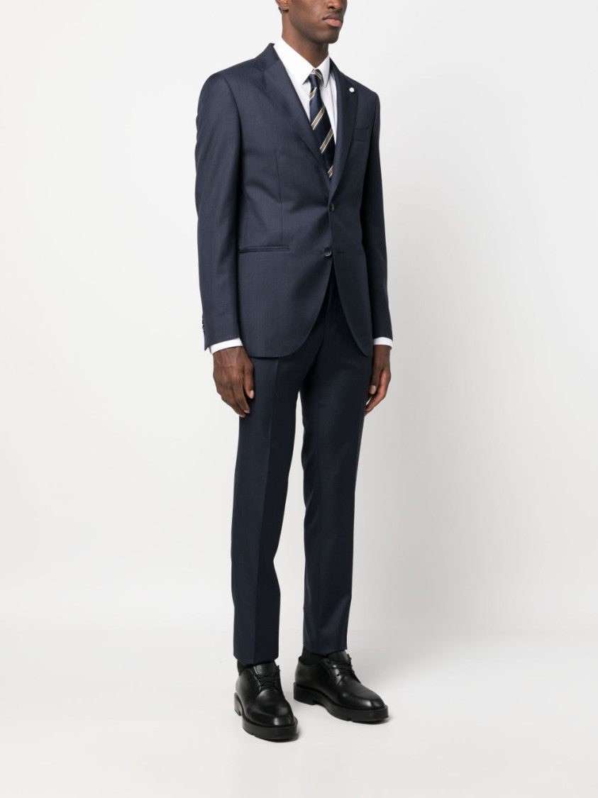 Luigi Bianchi Navy Blue Virgin Wool Tailored Suit With Brooch Detail