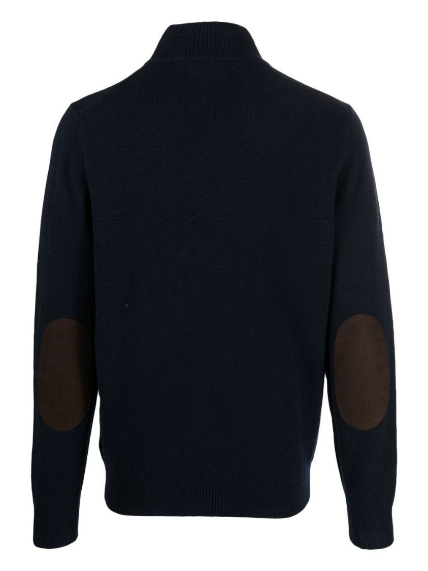 Barbour Navy Blue Wool Knit Sweater With Button Placket And Stand-Up Collar