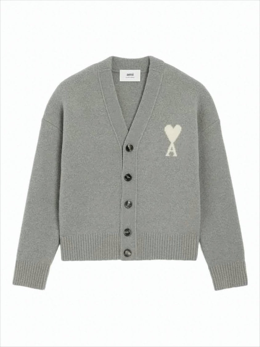 Ami Textured Knit Cardigan With Heart Motif