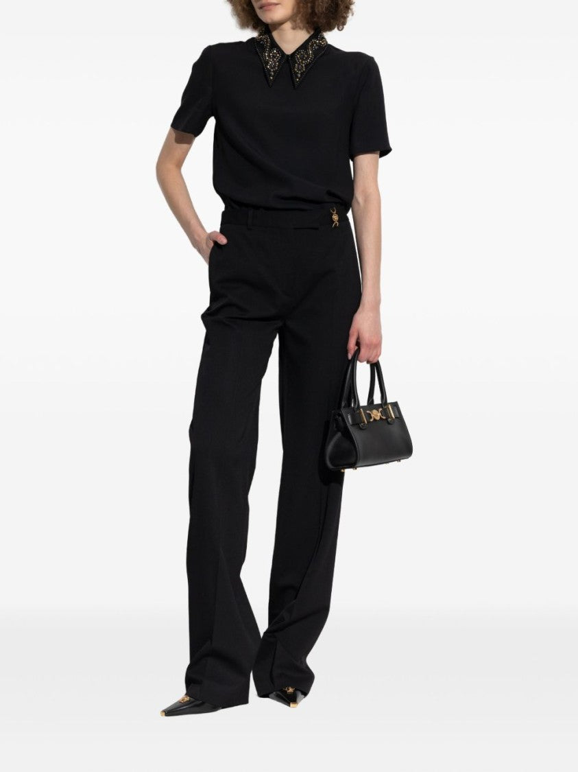 Versace Pointed Collar Black Shirt With Gold And Silver Embellishments